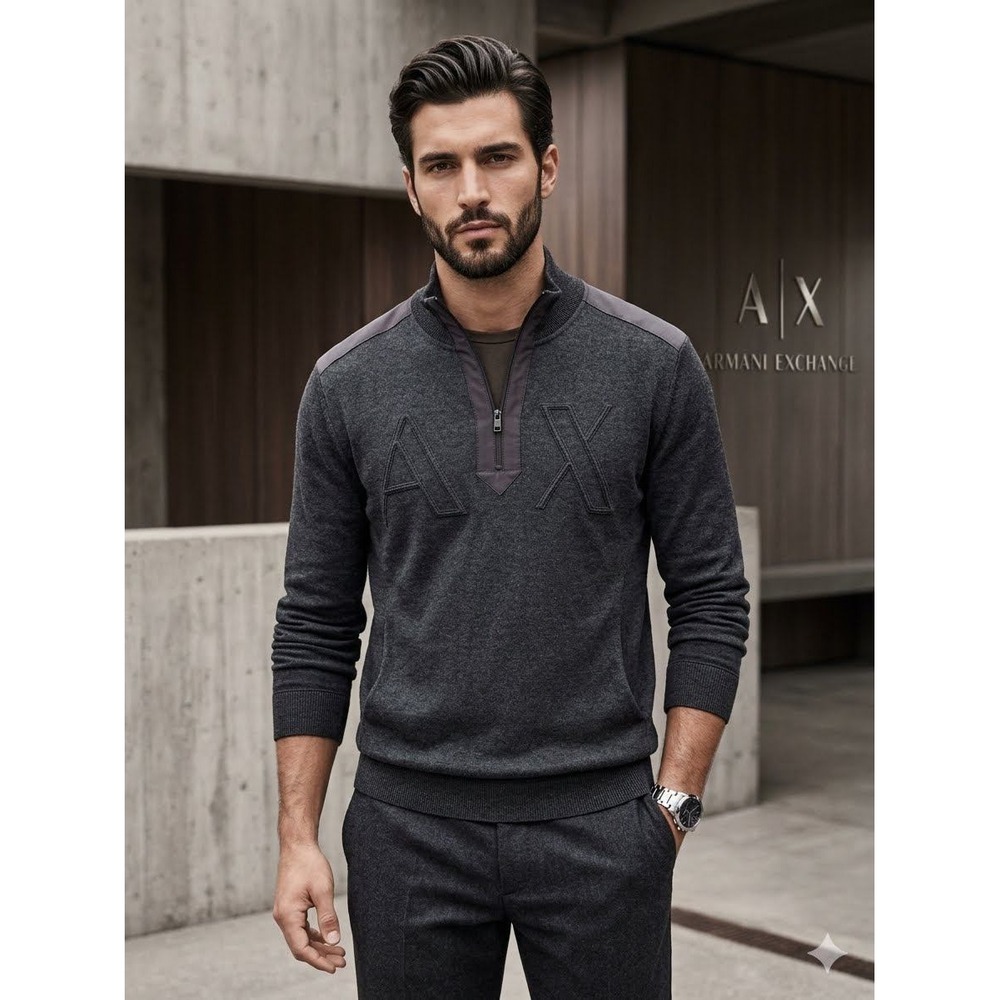 Armani Exchange Mens Gray Quarter Zip Pullover Cotton Knit Logo Sweater Large
